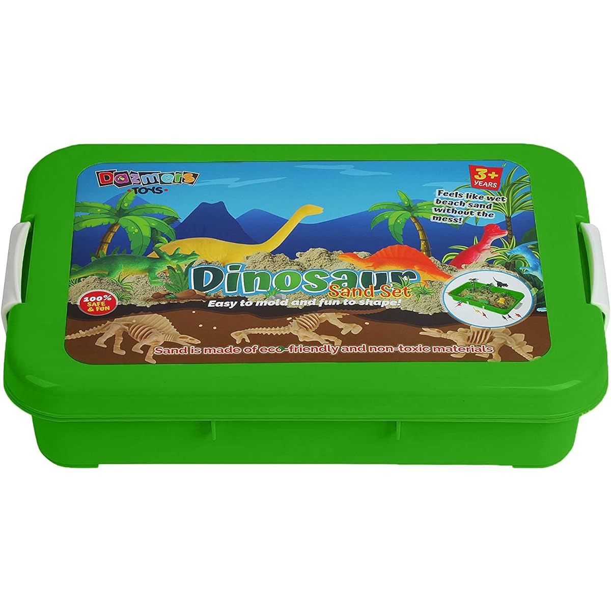 Dinosaur Play Sand Kit - Sensory Bin Sandbox with 2 Bags of Safe Sand and 34 Pieces - Feels Like Wet Sand Without the Mess - Includes Bin, Lid, Dinosaur Figure, Dinosaur Mold, Wood and Fence