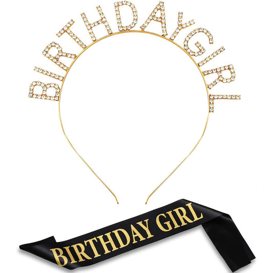 2 Pieces Birthday Headpiece Girl Tiara Headband with Flash Diamond Rhinestones and Black Satin Sash for Party Decoration