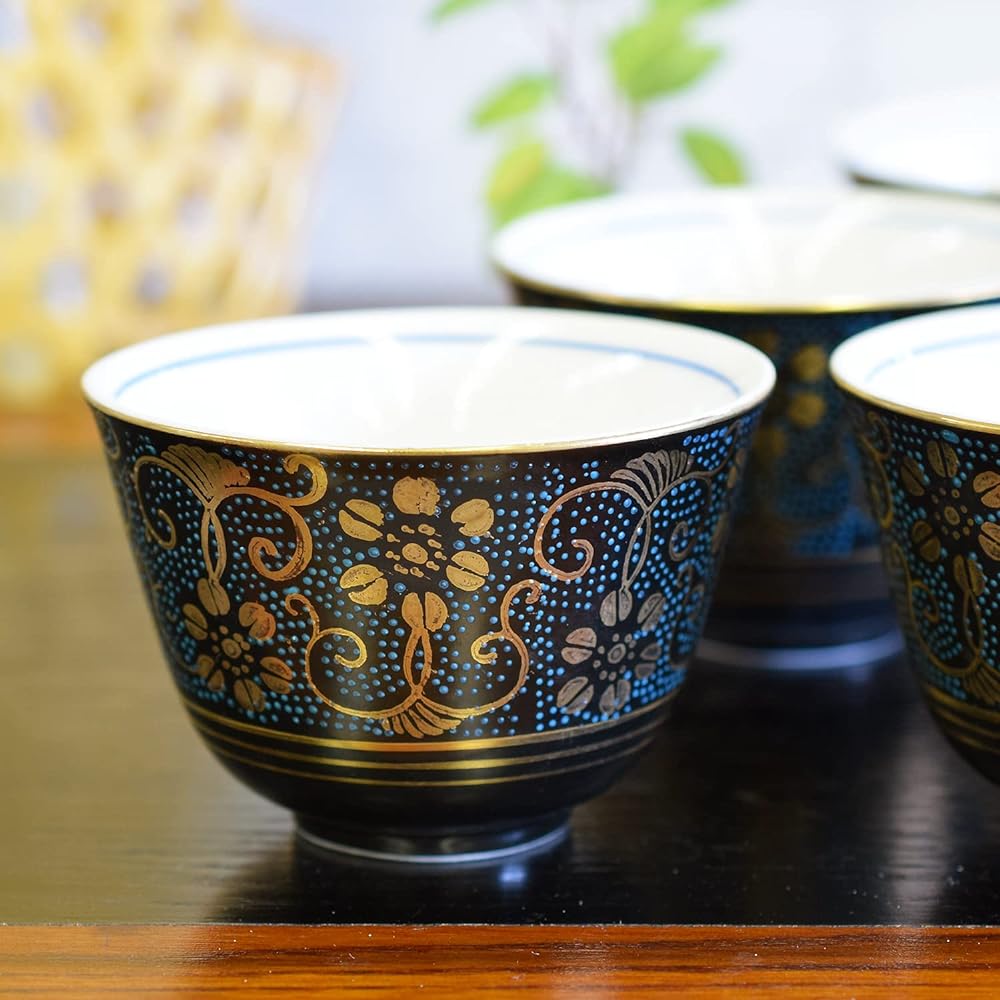 Kutani ware teacup set of 5, blue grain iron, stylish teacup, for guests, luxury tea utensils