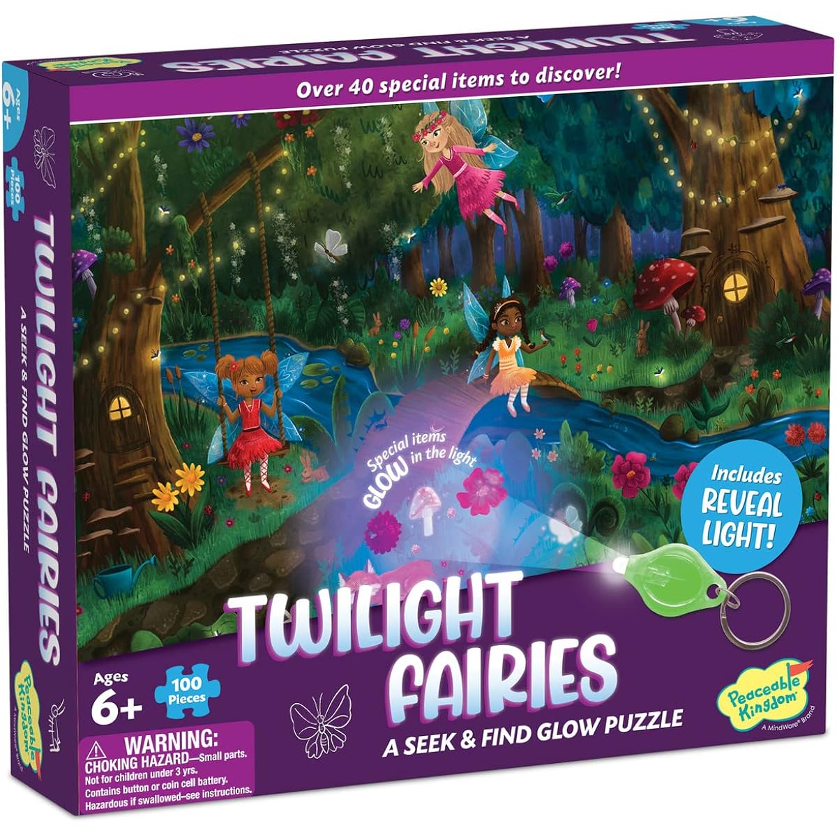 Peaceable Kingdom Twilight Fairy Puzzle – 100 Pieces – Seek & Find Glow Puzzle for Kids Ages 6 and Up – Reveal Hidden Items with Black Light – Perfect for Home or Classroom