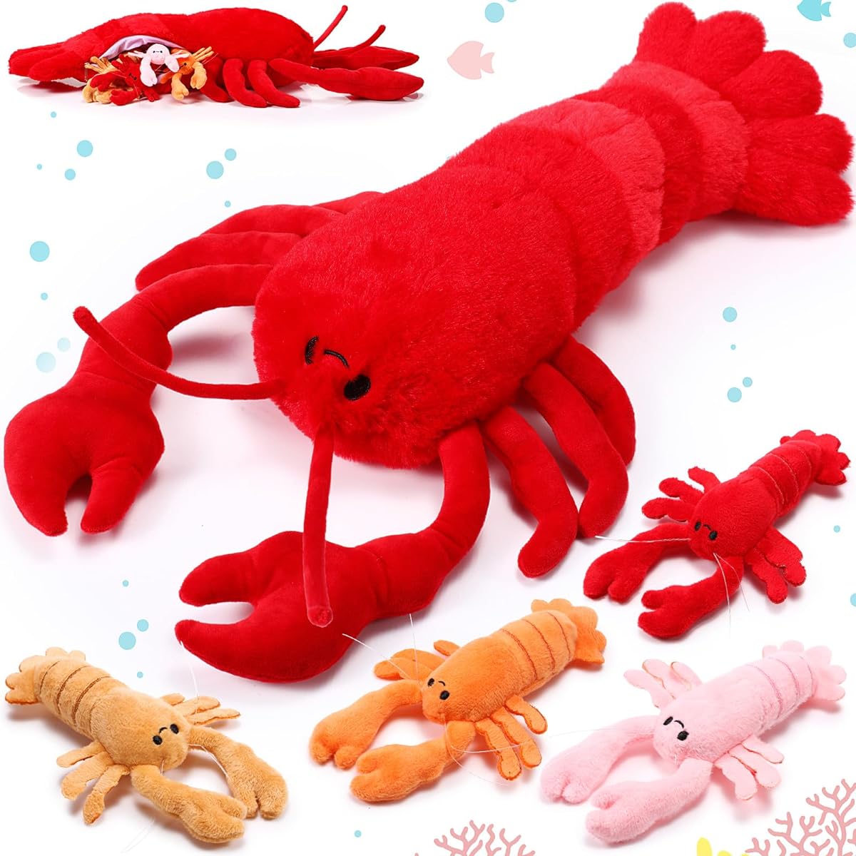 Gemscream 5pcs Lobster Stuffed Animals, 15.75" Mommy Stuffed Lobster and 4 Little Lobsters, Lobster Stuffed Animal Dog Red Lobster Stuffed Animals for Boys and Girls Birthday Easter Gift Decoration
