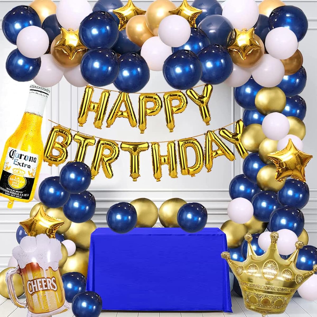 Navy Blue Gold Birthday Party Decorations for Men Happy Birthday Banner Decorations for Men Women Boys Girls Corona Beer Balloon Garland Kit 16th 18th 21st 25th 30th 40th 50th 60th Birthday Party Supplies
