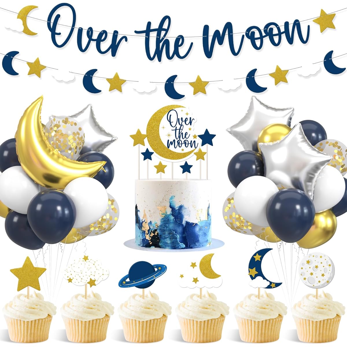 Sinasasspel Over the Moon Baby Shower Decorations Space Party Banner Moon Star Cake Cupcake Toppers Navy Blue Gold Balloons Twinkle Twinkle Little Star Outer Space First Birthday Supplies