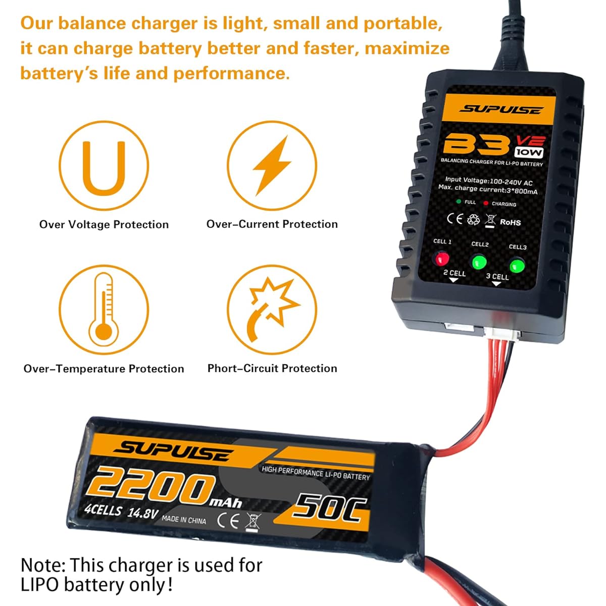 SUPULSE Lipo Battery Charger 2S-3S RC Balance Charger AC 7.4-11.1V 10W Upgraded B3AC Pro Compact Charger Lipo Charger (B3V2)