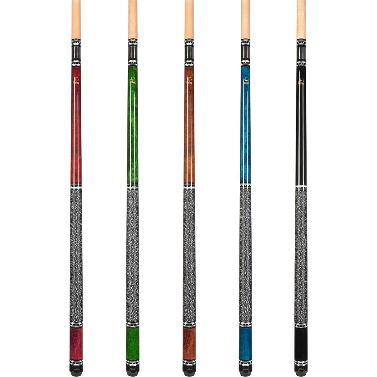 Set of 5 Brand New Aska L9 Billiard Pool Cues, 58" Hard Rock Canadian Maple, 13mm Hard Le Pro Tip, Mixed Weights, Black, Blue, Brown, Green, Red. Perfect Quality. Improve Your Game Room