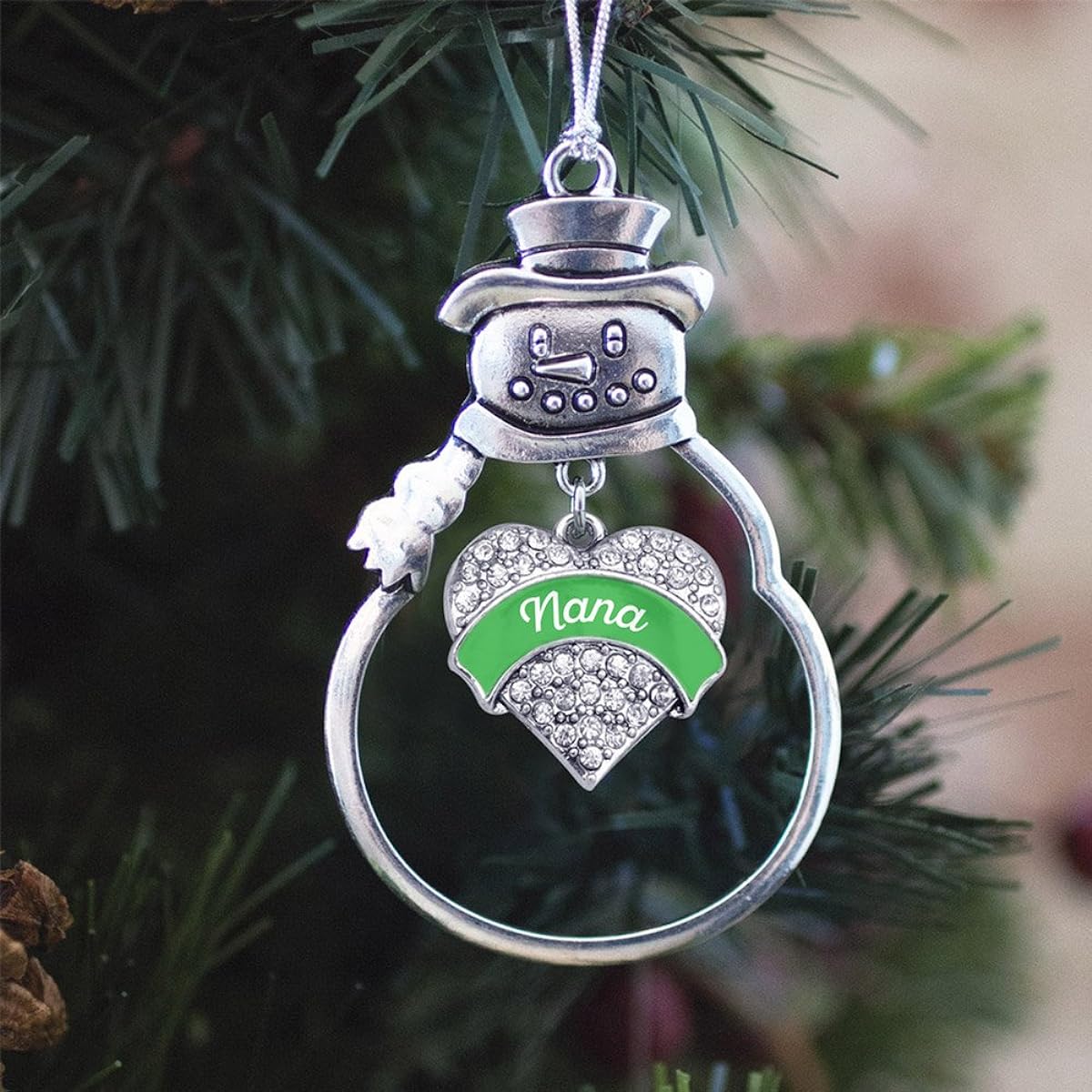 Silver Emerald Green Nanana Pave Heart Snowman Holiday Christmas Tree Ornament with Crystal Rhinestones
