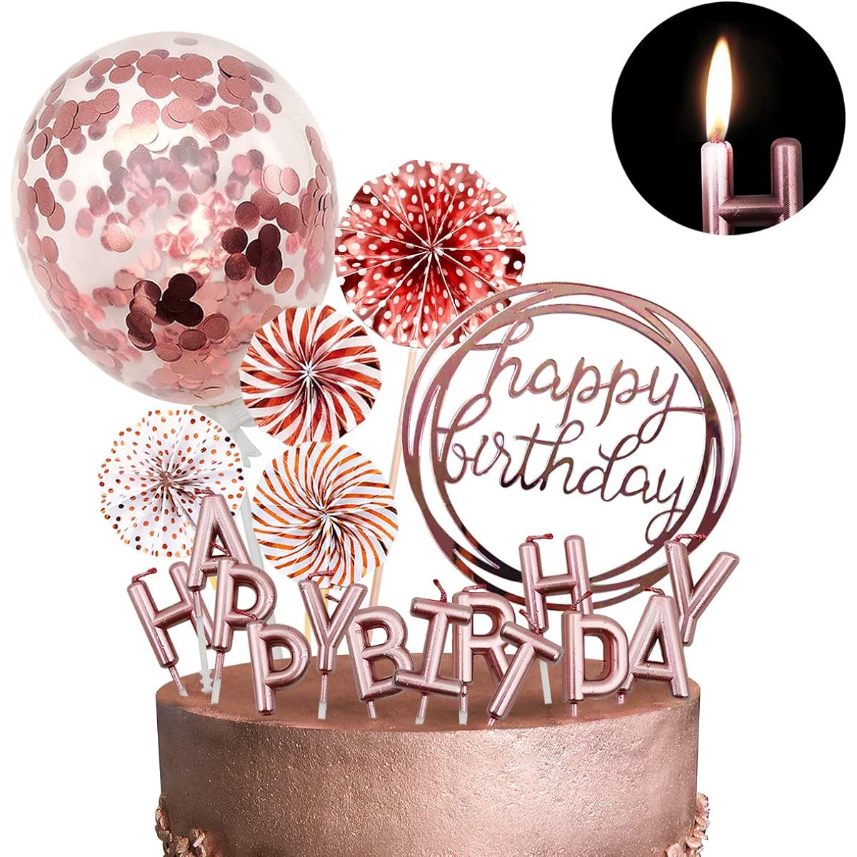MOVINPE Rose Gold Cake Topper Decorations Happy Birthday Candles Happy Birthday Banner Confetti Balloons Paper Fans Rose Gold Theme Party Decorations for Girls Women Birthday Party