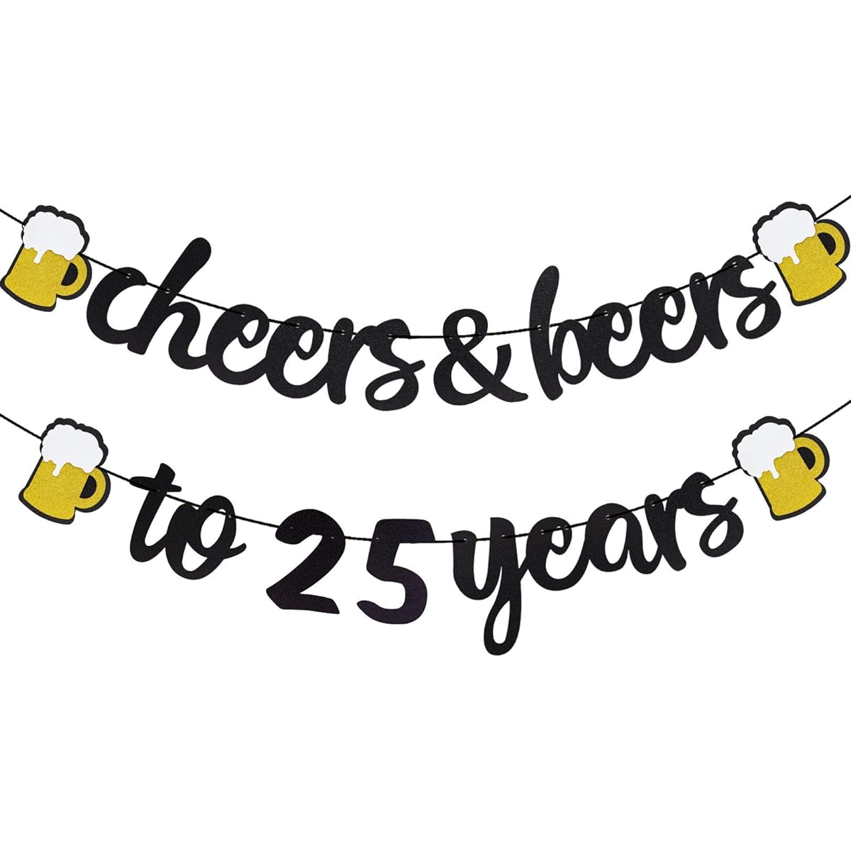 Joymee 25th Birthday Decorations Cheers to Beer 25 Years Old Banner Black Glitter Happy Birthday Wedding Anniversary Party Supplies