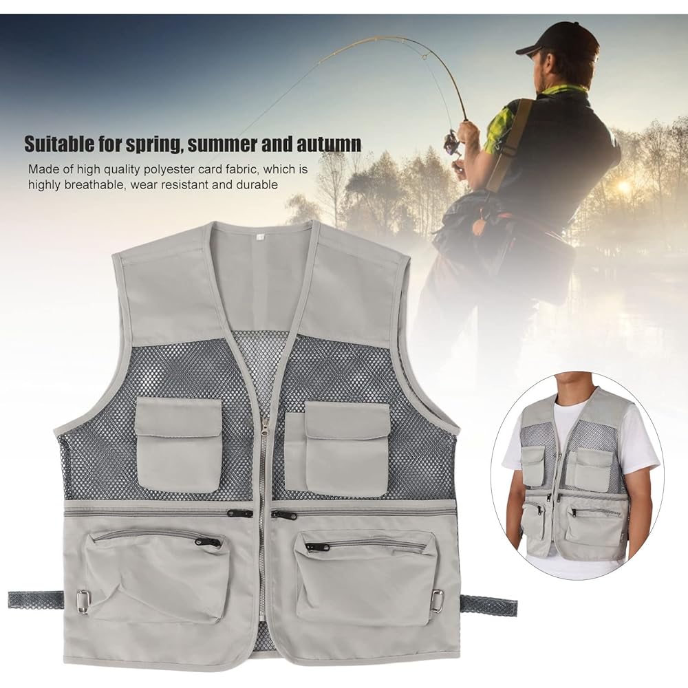 Entatial Fishing Vest, Outdoor Vest Mesh, Comfortable Polyester Card Fabric, Suitable for Various Activities such as Fishing, Photography, Hunting, Traveling (L, Light Gray)