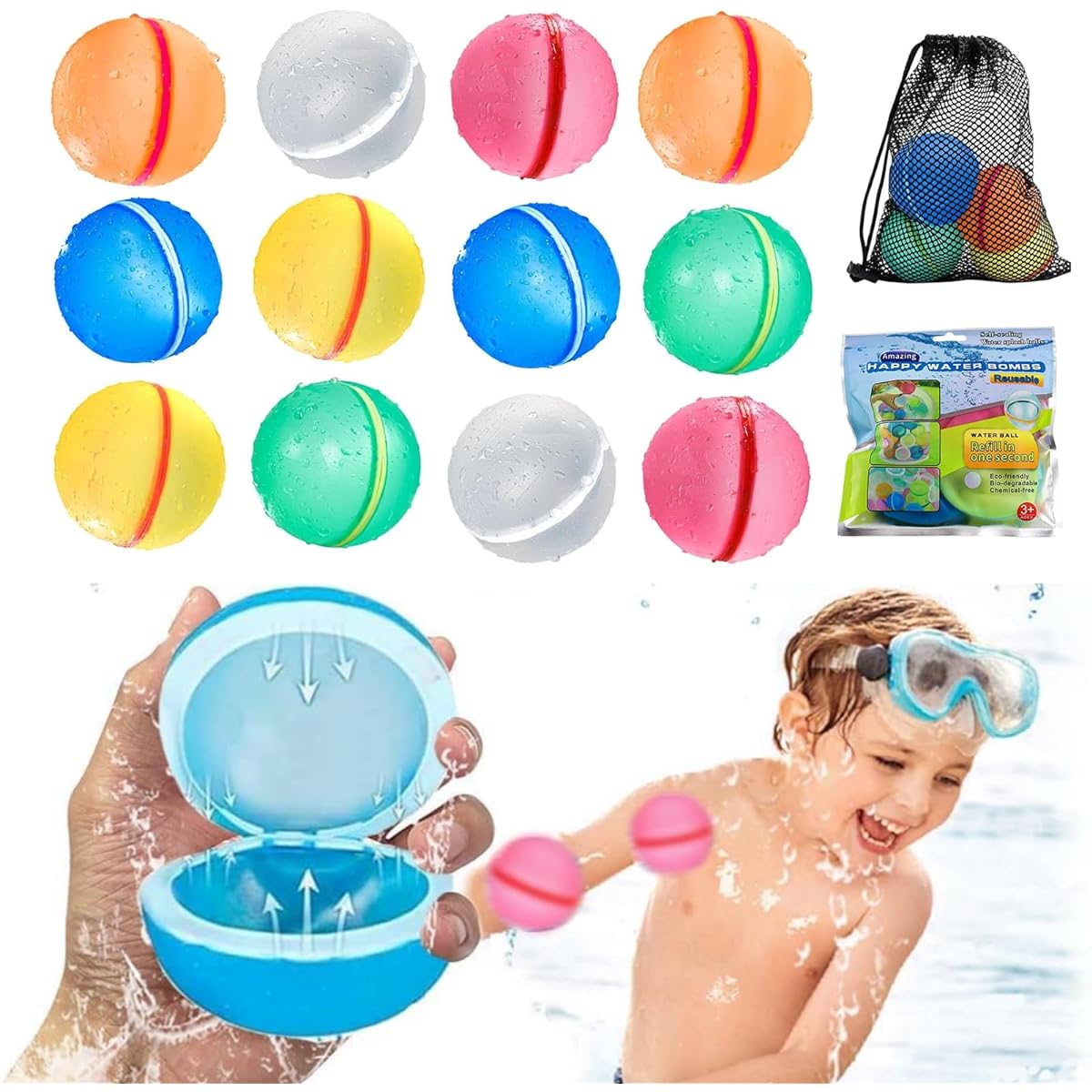 Reusable Water Balloons for Kids - Water Balls Self Seal Quick Fill Soft Silicone Refillable Magnetic Water Bombs Splash Summer Fun for Kids Outdoor Water Toys for Backyard (12pcs)