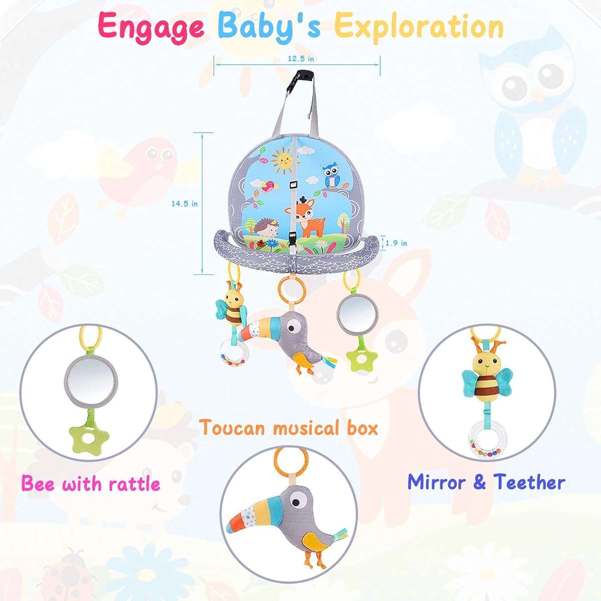 Ussybaby Car Seat Toys 0-6 Months Toddler Car Seat Toys for Babies 6-12 Months Musical Baby Car Seat Activity Arch with Rattle Mirror for Baby Kick & Play Activity Center Fox
