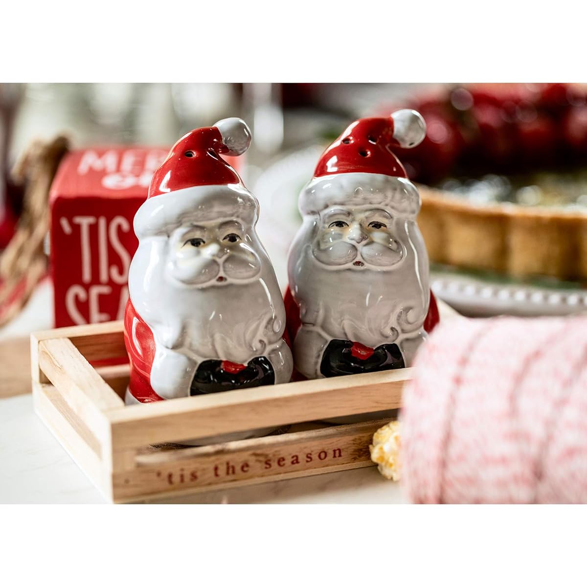 Mud Pie Santa Salt and Pepper Shakers 4" Diameter x 2 1/4" Crate 1" x 6" Multi