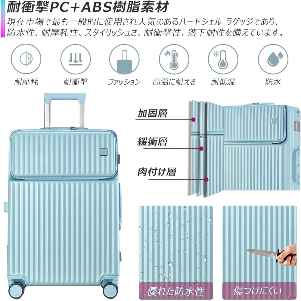 [JOORTI] Suitcase Carry Case Front Open Carry Bag Carry-on Front Pocket Ultra Light Zipper Top Open Multiple Storage Pockets Popular Quiet TSA Lock for Travel Business 688 (S Size (40.5L/Carry-on), Blue)