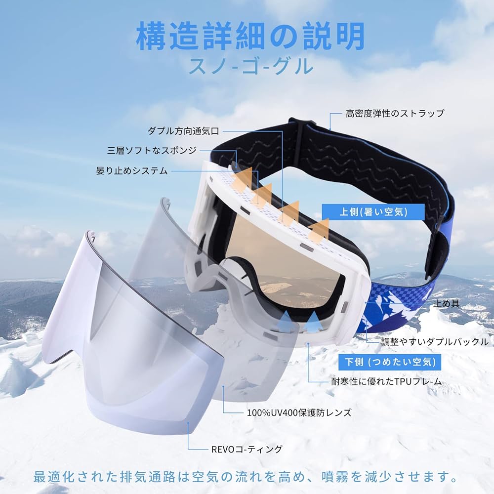 [DDmushi] Snowboarding Goggles, Made in Japan, Snowboarding Ski Goggles, Interchangeable Lenses, Day and Night, Set of 2 Lenses, Compatible with Glasses, Compatible with Helmets, Anti-Fog (2 Replacement Lenses/Hard Case/Storage Drawstring Bag/Japanese In