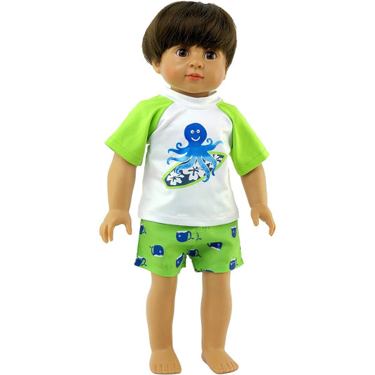 American Fashion World Boys Surfing Octopus Rash Guard Swim Trunk Set for 18" Dolls such as American Girl Dolls