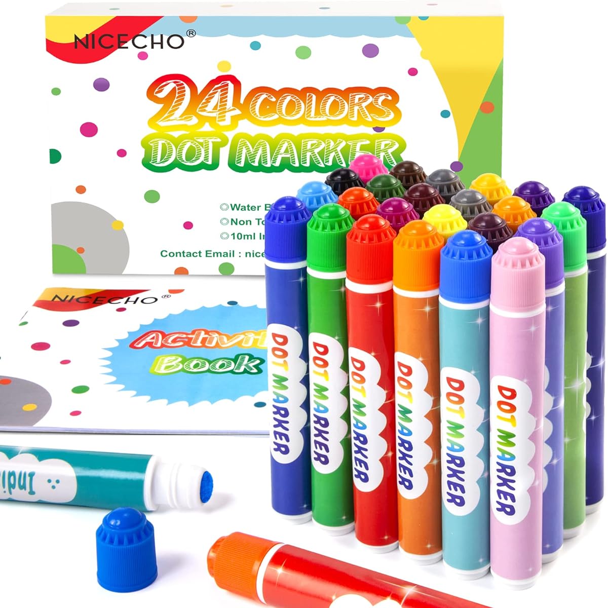 Nicecho Dot Markers, Washable Dot Markers for Kids, Toddlers, Preschoolers, 24 Colors, Bingo Paint Dover Marker Kit with Free Activity Book
