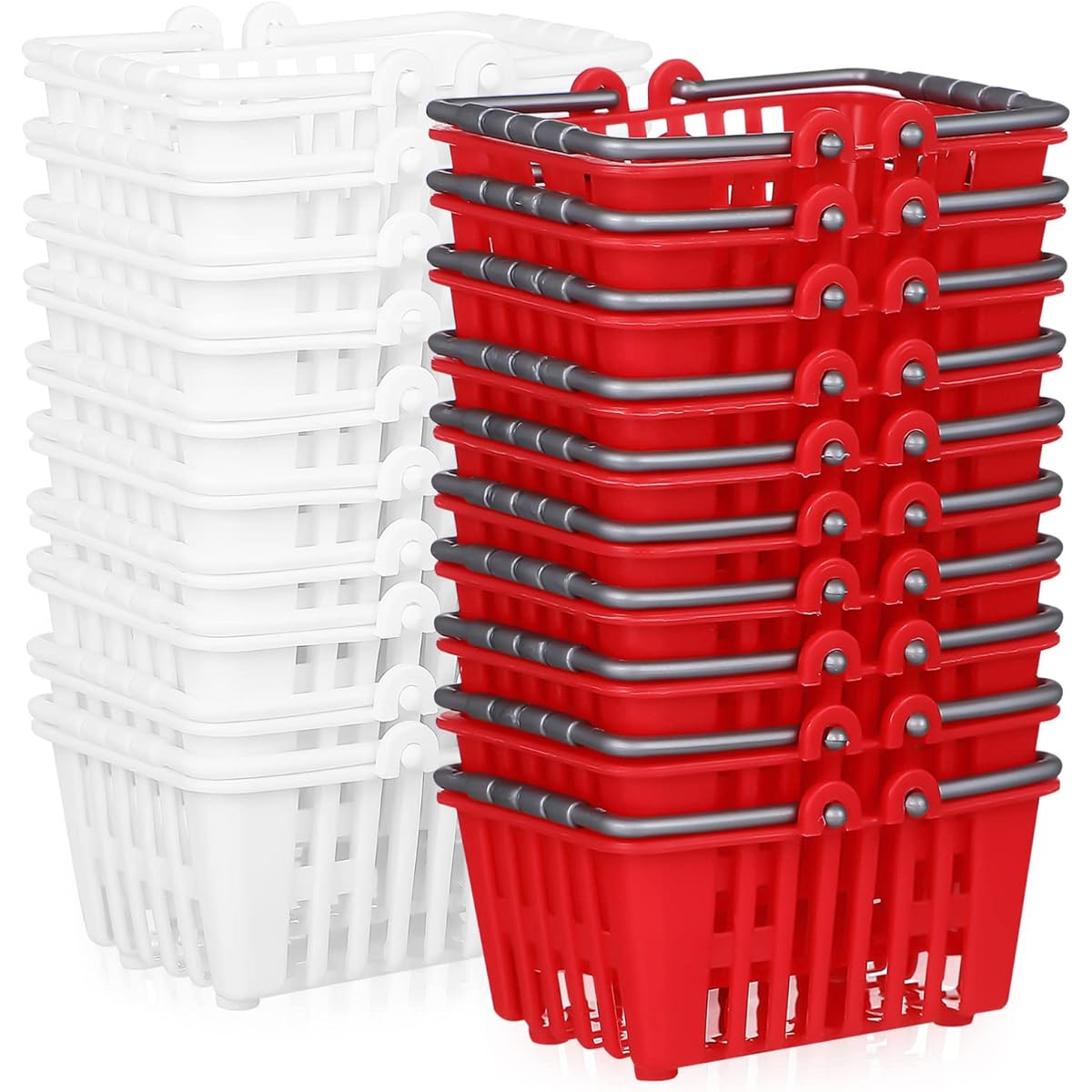 NUOBESTY Mini Supermarket Basket 20 Pieces Small Shopping Basket Plastic Shopping Cart Grocery Basket with Handle Dollhouse Kitchen Storage Ornament (Red and White)
