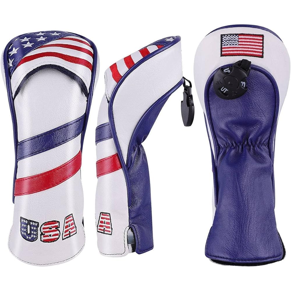 Select Plaza High Quality PU Leather Driver Wood FW 2 Pieces Utility UT 2 Piece Head Cover 5 Piece Set US Flag Pattern USA Flag Conversion Doug Included