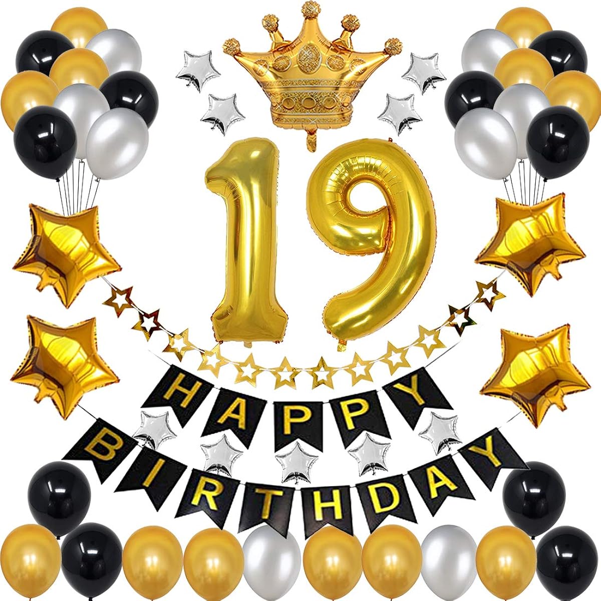19th Birthday Decorations for Men, Boys, Women, Girls, Black and Gold Birthday Decorations, 19th and 91st Happy Birthday Party, 19 Gold Number Balloons, Happy Birthday Banner, Gold Crown Balloons