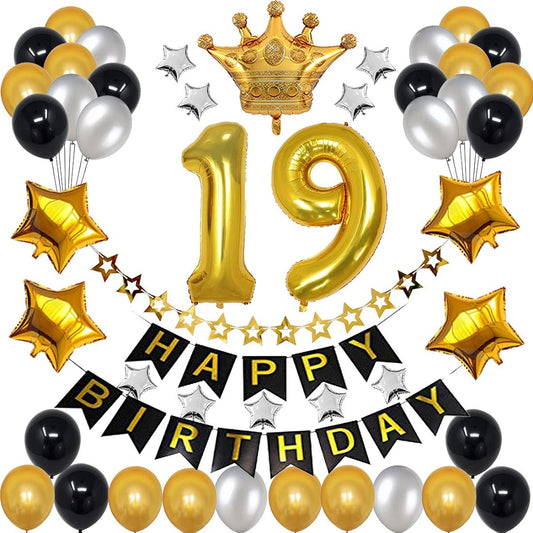19th Birthday Decorations for Men, Boys, Women, Girls, Black and Gold Birthday Decorations, 19th and 91st Happy Birthday Party, 19 Gold Number Balloons, Happy Birthday Banner, Gold Crown Balloons