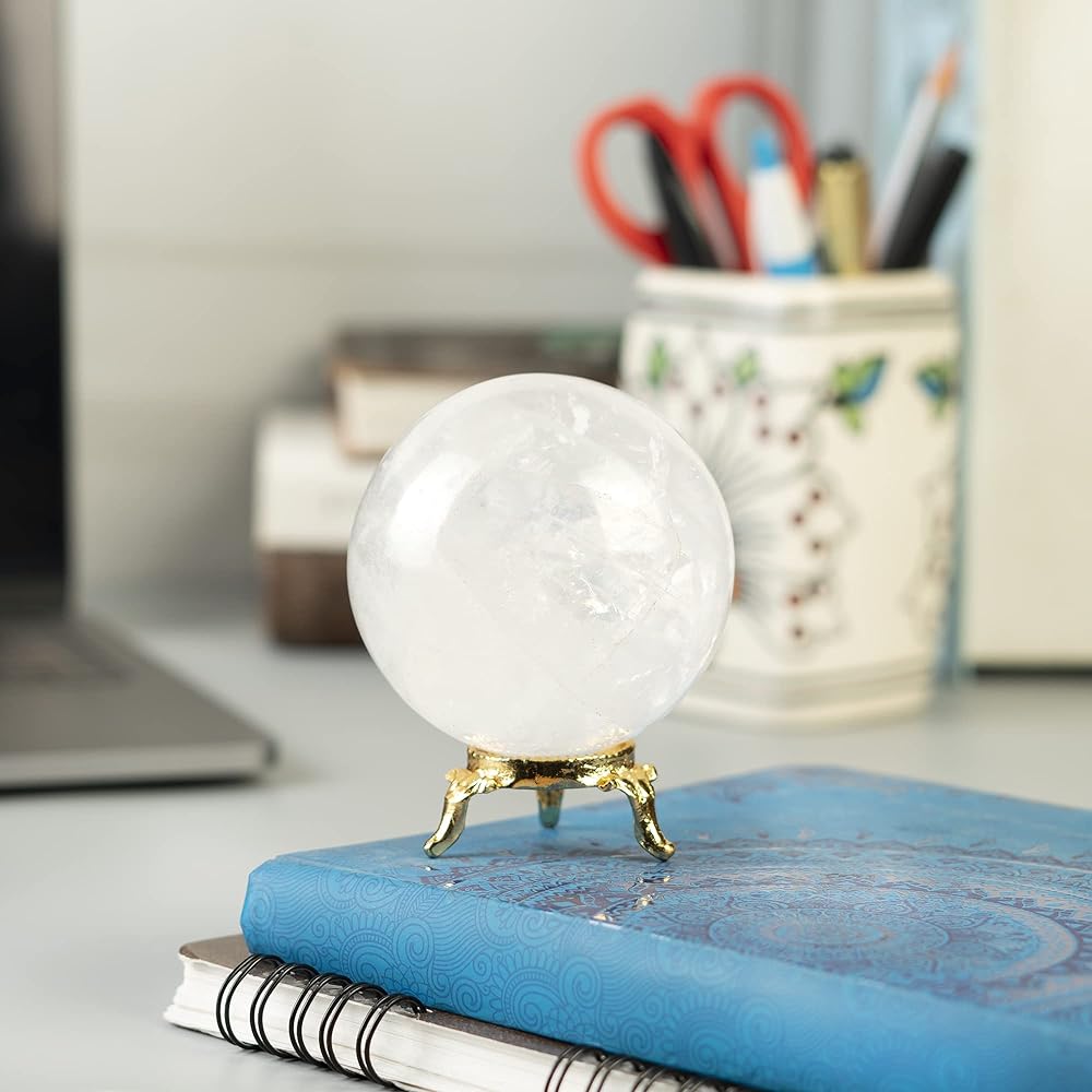 Crocon Clear Quartz Stone Ball, Gemstone Ball Healing Sphere Sculpture with Metal Stand Feng Shui Fortune Telling Figure Home Decoration Photo Crystal Sphere Size: 50-60 mm
