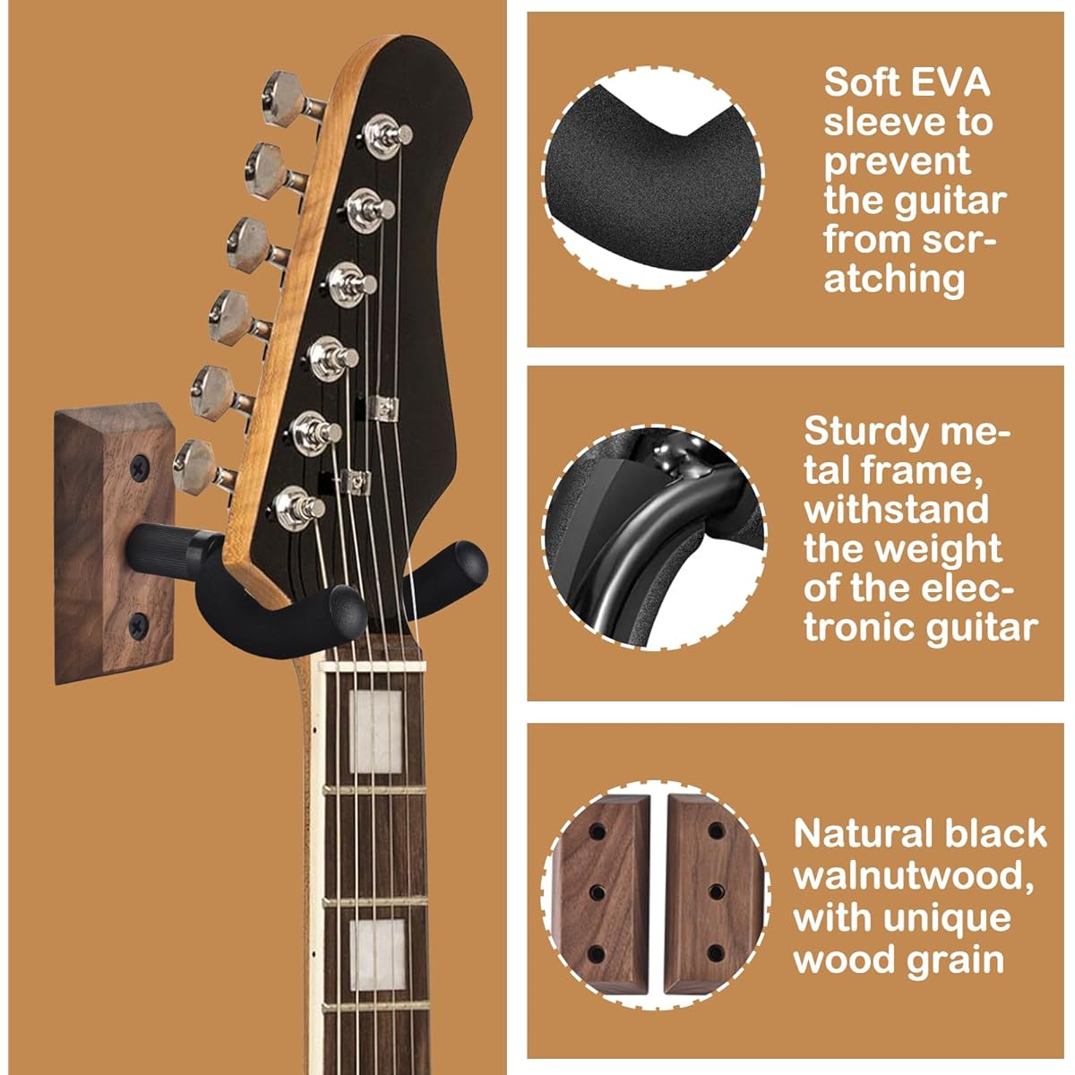 Guitar Wall Mount 3 Pack Black Walnut
