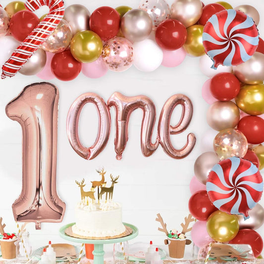 1st Birthday Party Decorations Pink Gold and Rose Gold Balloon Garland First Birthday Decorations Lolipop Theme 1st Birthday Party Candy Cane Balloons