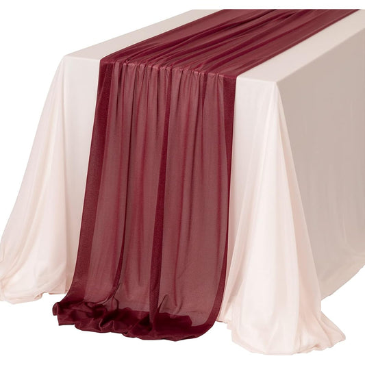 50% Transparent Tablecloth & Table Runner Set, 4ft Rectangular Table Chiffon-Like Tablecloth, Blush & Burgundy for Wedding Reception Head/Sweetheart Table Shower Party