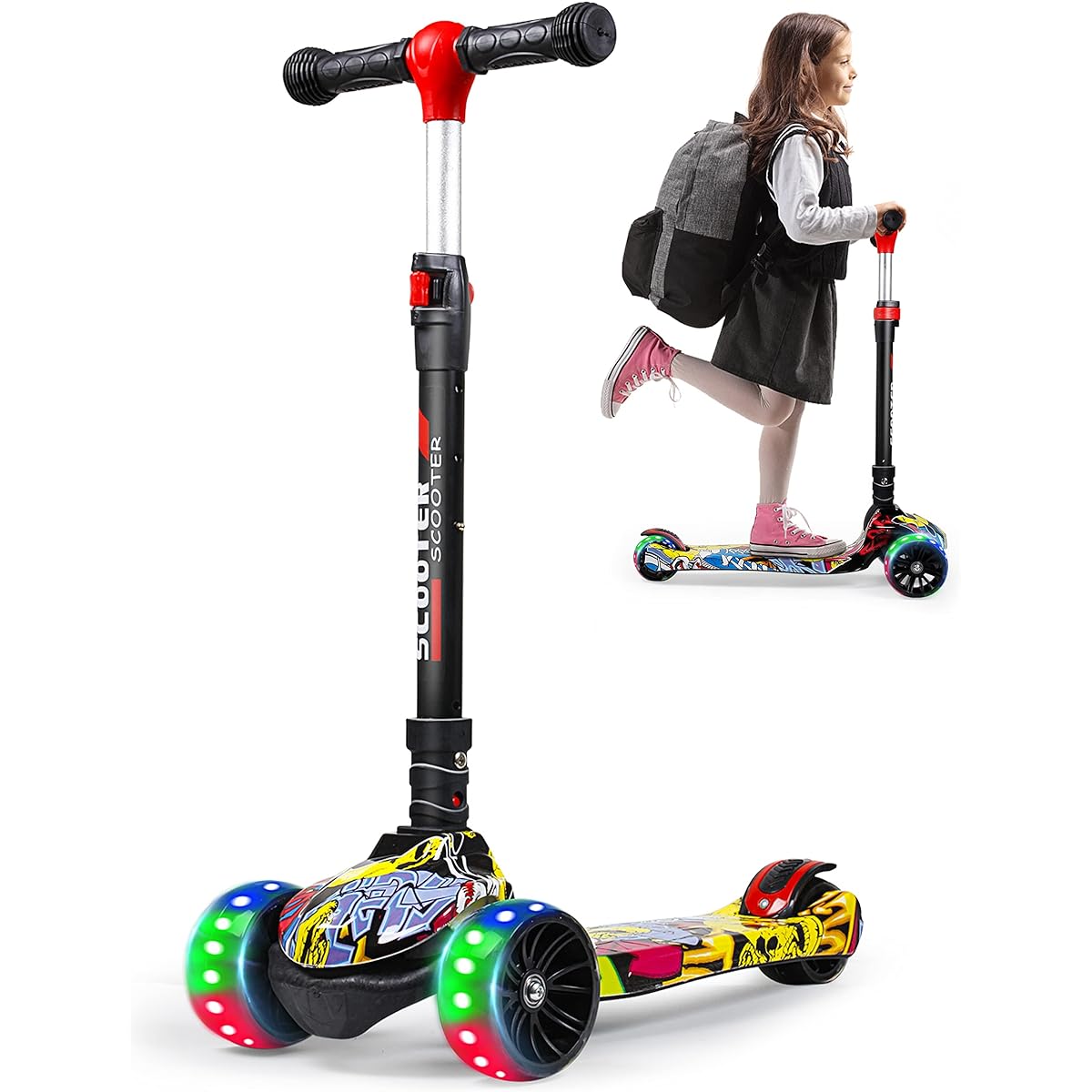 SISISIGAD Kids Scooter, Toddler 3 Wheel Scooter for Boys and Girls, Foldable Scooter with Flashing Wheels, Adjustable Height, Safety Brake, Suitable for Kids Ages 3-10