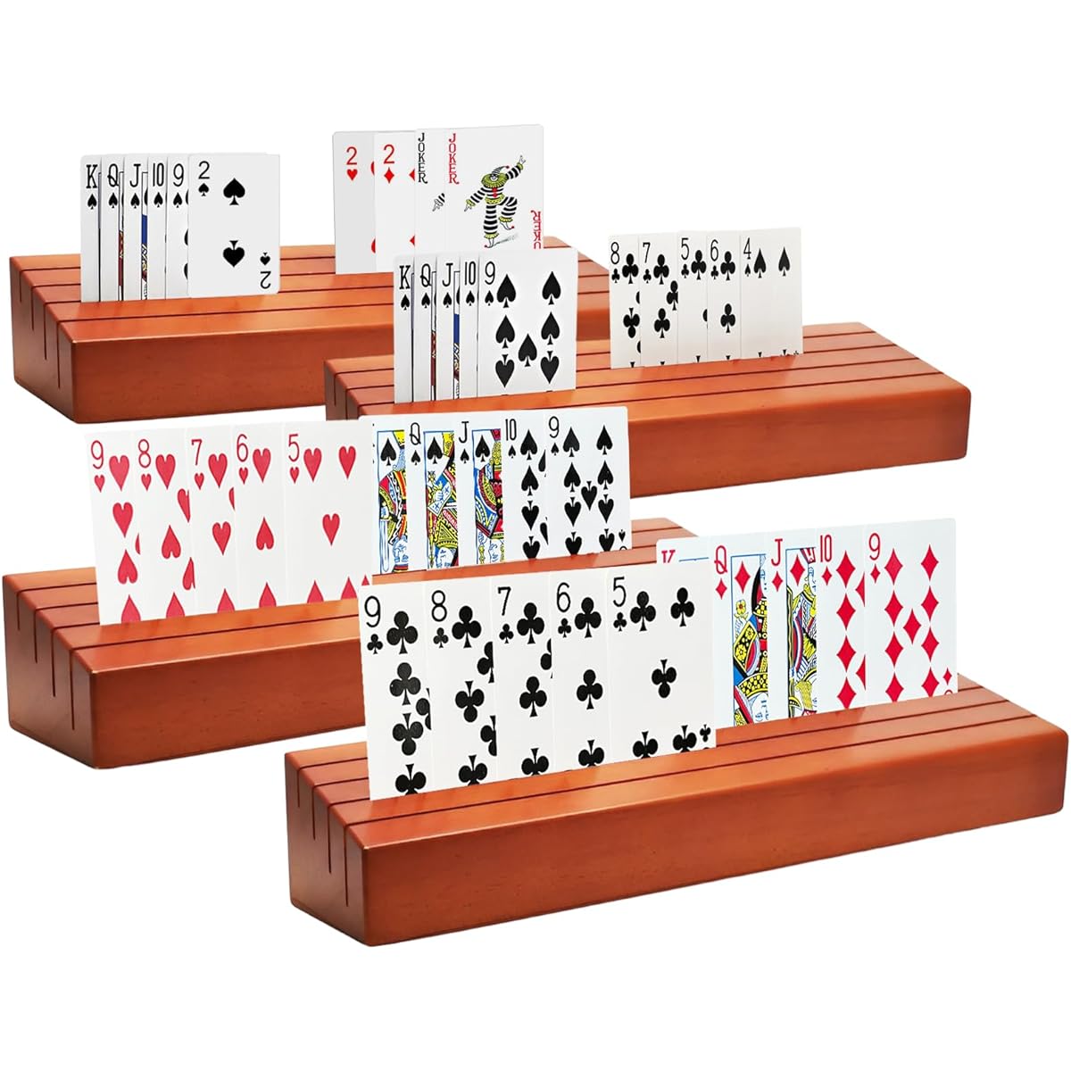 MTKITDER Card Deck Stand Set of 4 Playing Cards for Kids Elderly Wooden Holder Rack Tray for Card Organizing Poker Game Bridge Card Holder Adults