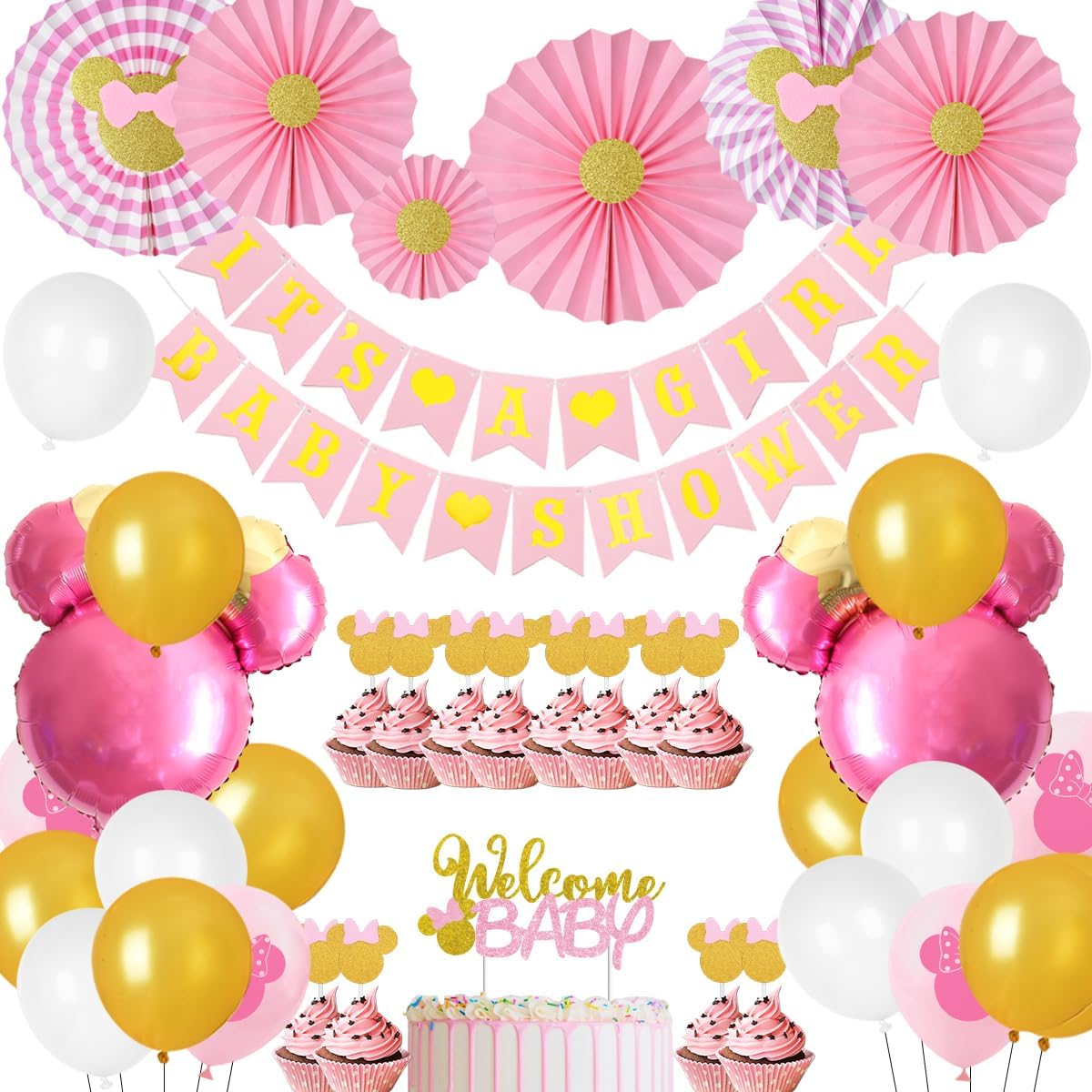 Minnie Baby Shower Decorations for Girls Pink and Gold Minnie Themed Party Supplies for Girls Baby Shower Banner Minnie Head Foil Balloons Paper Fans