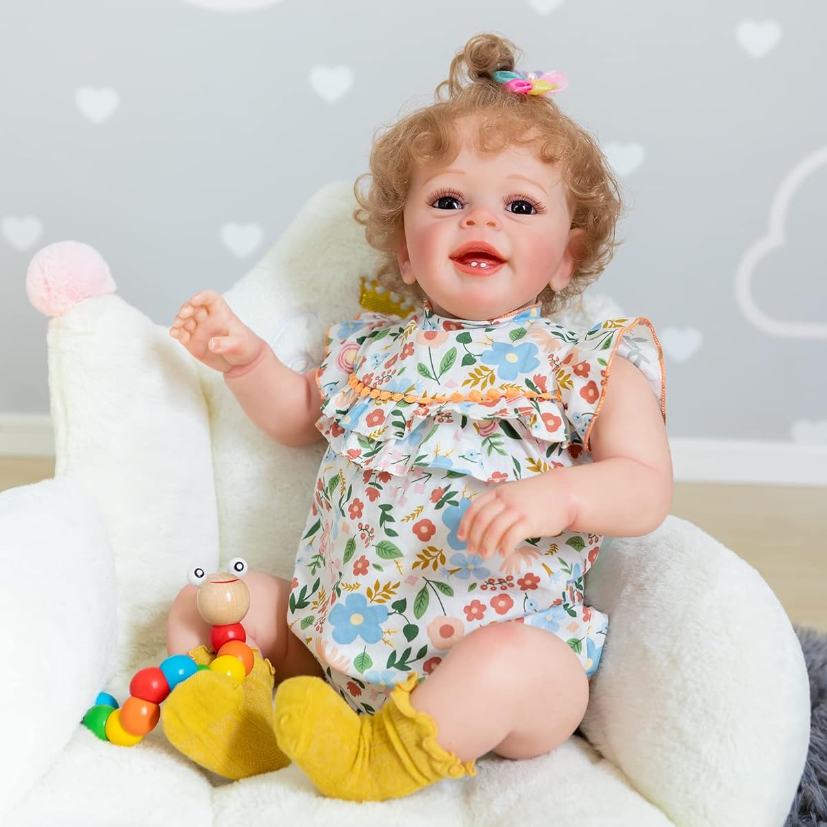 ROSHUAN Reborn Baby Doll Toddler 24 Inch Reborn Toddler Blonde Smiling Girl Silicone Realistic Toddler Bev Doll with Teeth Kids Gift