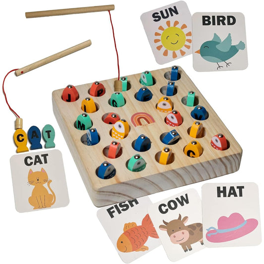 A&E Kids World Magnetic Wooden Fishing Game for Kids Ages 3+ - Montessori 26 Piece Sorting Puzzle/Letter Tracing Board - Learn the Alphabet, Develop Motor Skills, Practice Color Recognition