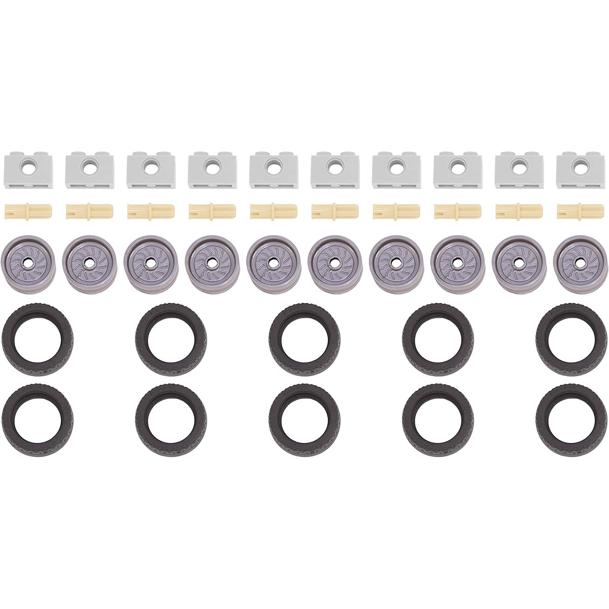 LEGO Parts & Pieces: 24x12mm Black Tires, Silver Wheels, Tan Technic Axle Pins, Light Grey, 1x2 Technic Brick Pack, 40 Pieces