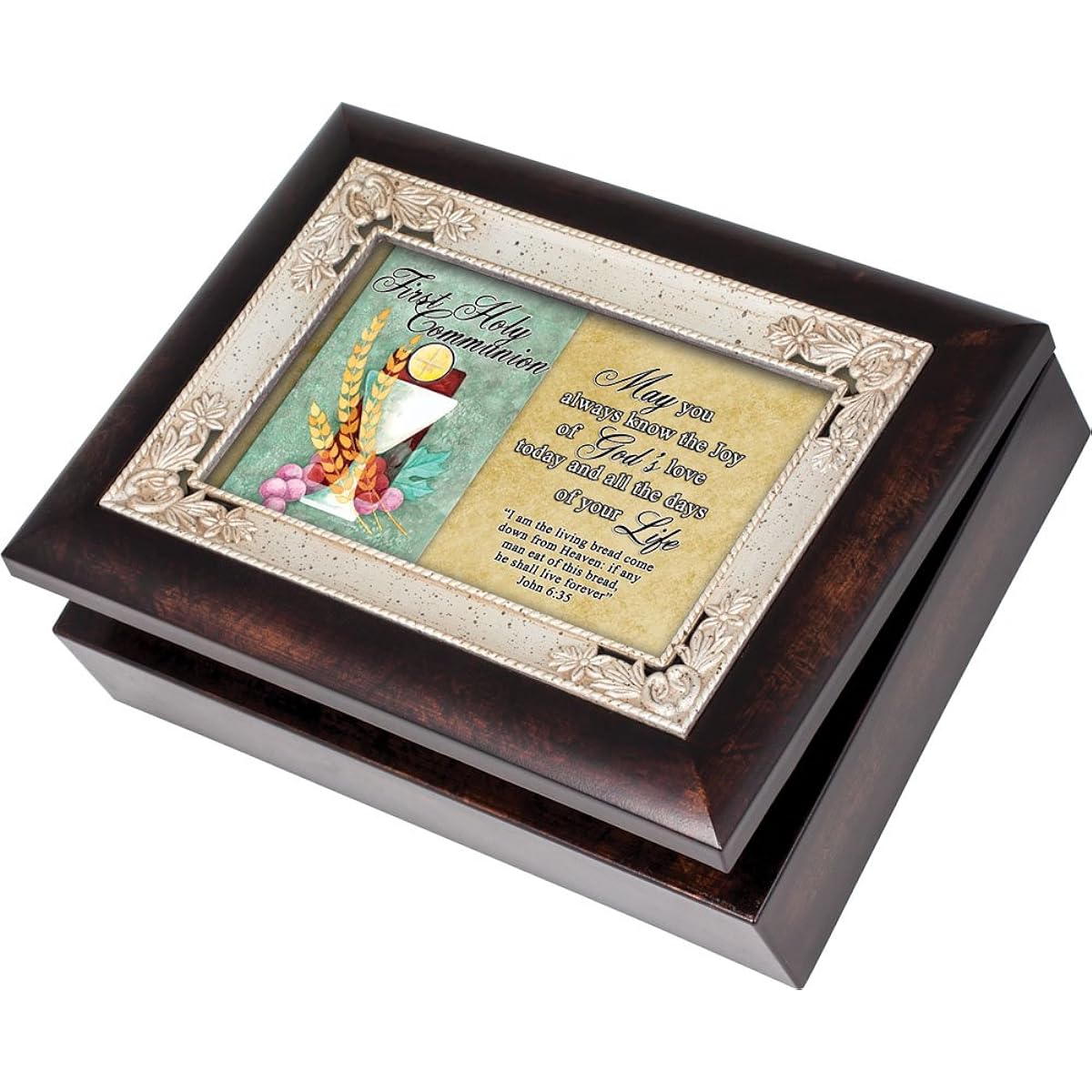 Cottage Garden First Communion Burlwood With Silver Inlay Italian Style Music Box / Jewellery Box Plays Friend In Jesus