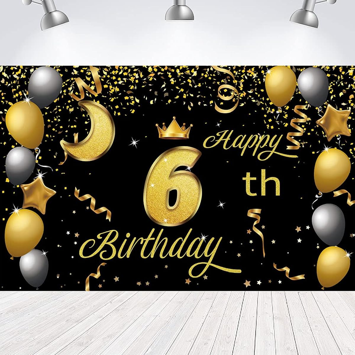 Sweet Happy 6th Birthday Backdrop Banner Poster, 6th Birthday Party Decorations, 6th Birthday Party Supplies, 6th Photo Background for Girls, Boys, Women, Men, Black, Gold, 72.8 x 43.3 Inch