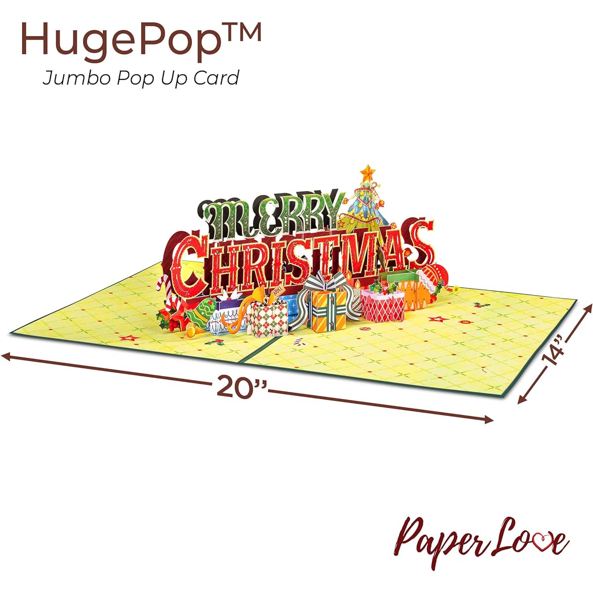 Paper Love Jumbo Extra Large Pop Up Christmas Cards Merry Christmas Winter Holidays Christmas Gifts 10" x 14" with Cover, Envelope and Note Tag