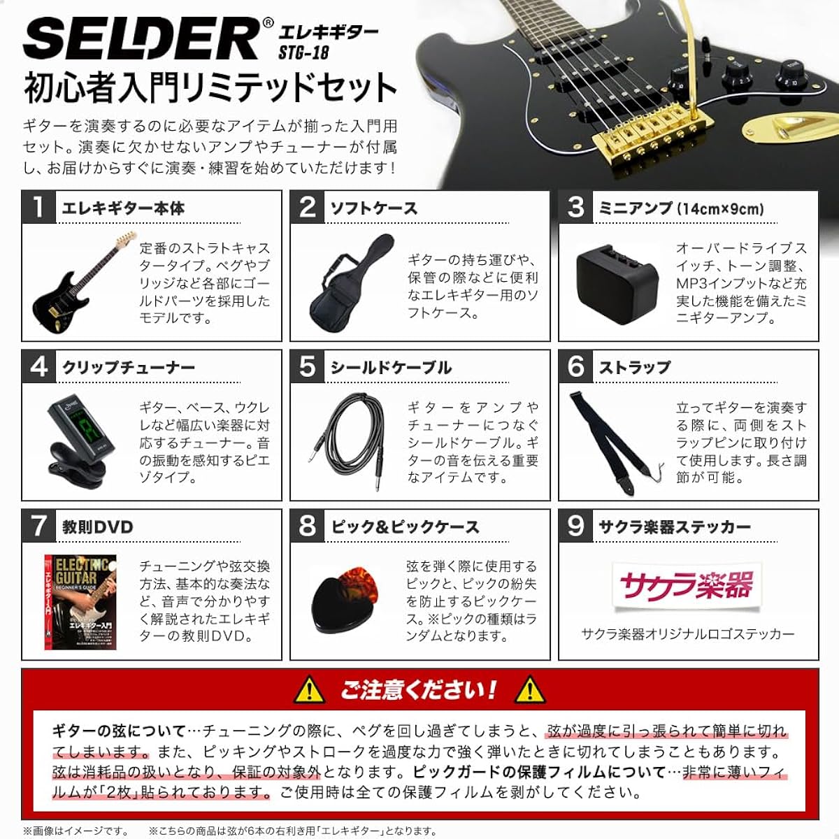 SELDER Electric Guitar Stratocaster Type Sakura Musical Instruments Original STG-18/BK Beginner Introductory Limited Set