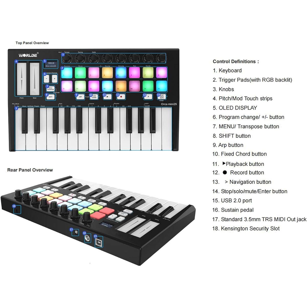 summina Portable 25 Key USB MIDI Keyboard Controller with 16 RGB Backlit Trigger Pads and 8 Assignable Control Knobs