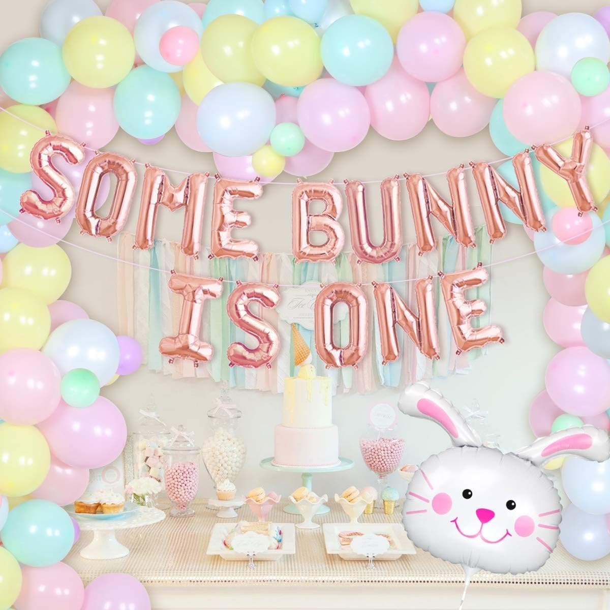 Bunny 1st Birthday Decorations for Girls, Some Bunny Is One Balloon Arch Garland Kit Bunny Theme Some Bunny Is One Birthday Party Supplies Pastel Macaron Balloons Rabbit Foil Balloons
