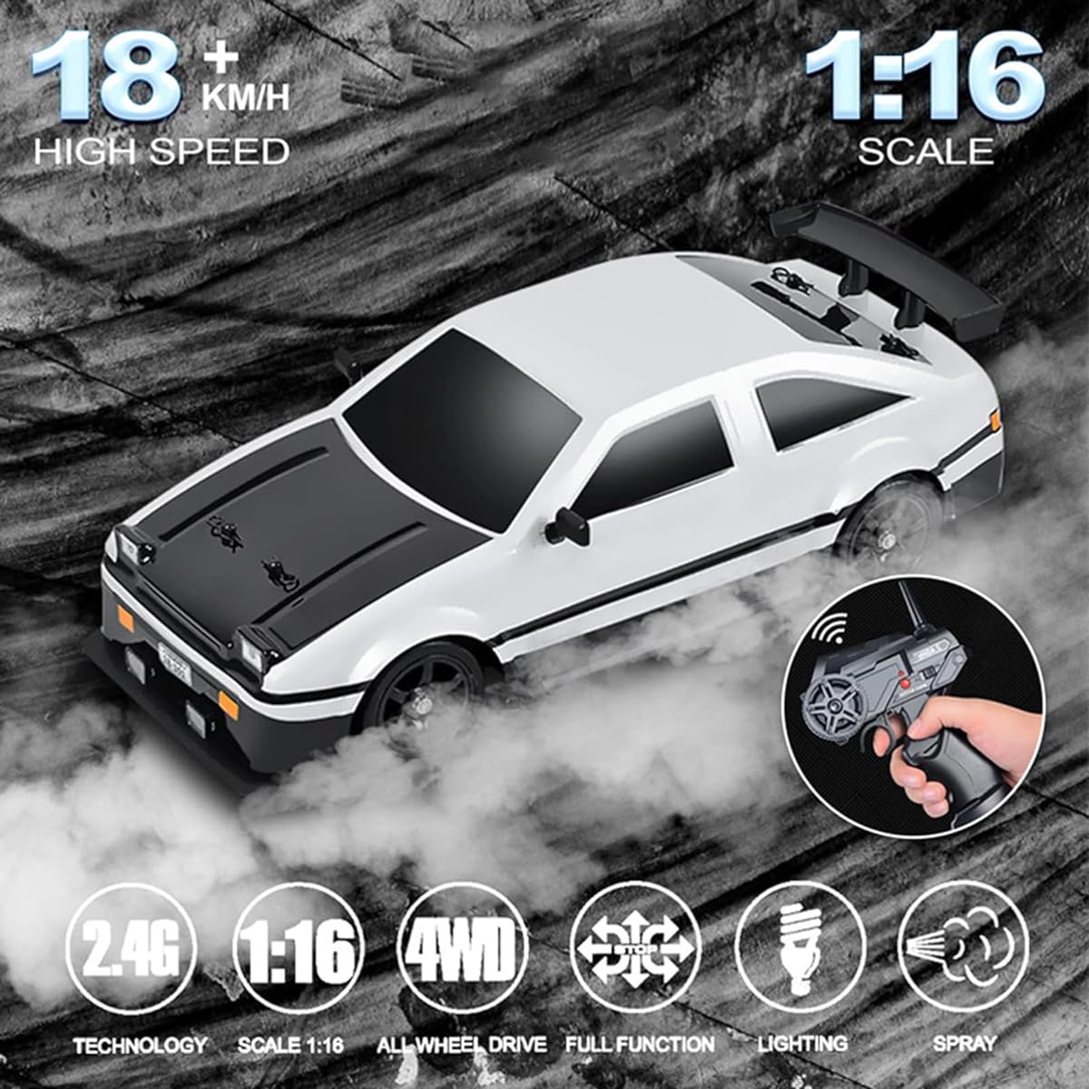 Duangu Remote Control Car, 1:16 Scale 2.4G Remote Control Drift Car High Speed 4WD Racing Car for Adults Boys Girls Kids Rechargeable Toy Car with LED Lights Spray Function Rubber Tires 3 Batteries, Racing Drift Car