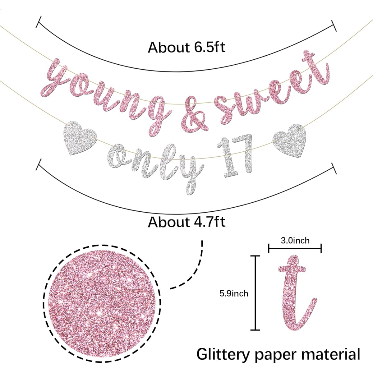INNORU Young & Sweet Only 17 Banner - Happy 17th Birthday Party Decor for Girls - Cheers to 17th Party Decorations Supplies Pink & Silver Glitter