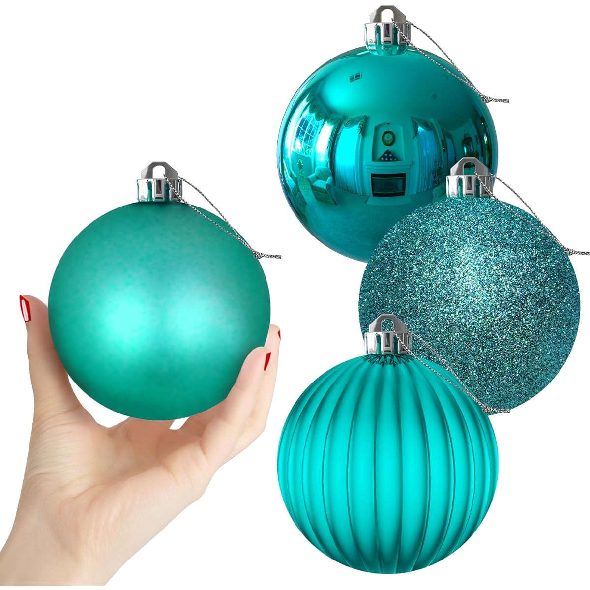 Teal 4" Large Christmas Balls Xmas Tree Ornaments Shatterproof Hanging Balls for Birthday, Halloween, Holiday, Wedding Decorations, Set of 4