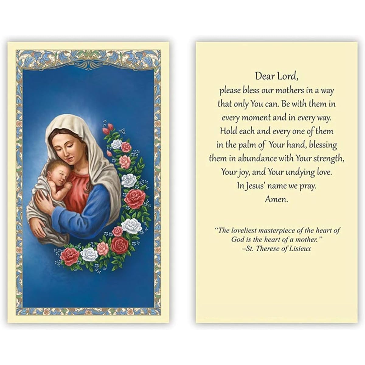 Mother's Heart Sacred Cards with St. Therese Prayer on the Back, Mary and Baby Jesus for Sunday School, Church, Mass, 2 3/8 x 4 1/8 Inch, Pack of 5