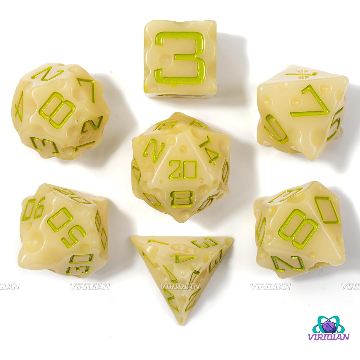 Cheese D&D Dice Set with Swiss Holes | DND/TTRPG 7 Piece Polyhedral Resin Set (Moldy)