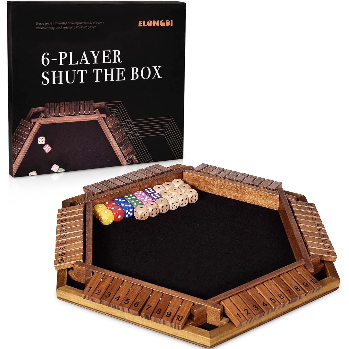 ELONGDI Shut the Box Game for 2-6 Players with 24 Dice, Wooden Shut the Box Instructions, Large Classic Table Math Board Game for Kids & Adults