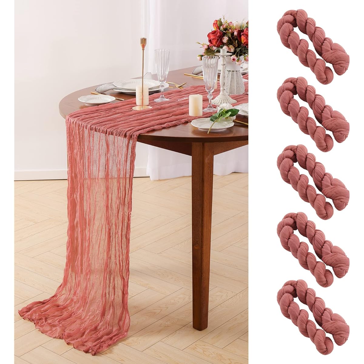 Gauze Table Runner 5 Piece 10 Feet Sheer Cheesecloth Table Runners Bulk for Holiday Party Bridal Shower Romantic Boho Table Decor 35" W x 118" L Dusty Rose