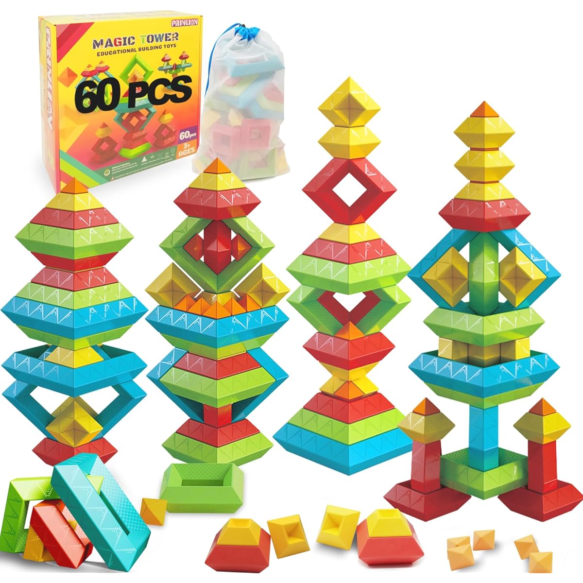 Montessori Toys for Ages 1 2 3 4 5 6 60 Pieces Stacking Toys Building Blocks for Toddlers 1-3 3-5 Stem Preschool Education Fine Motor Sensory Pyramid Learning Activities Ages 2-4