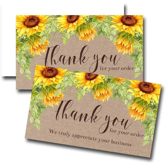 AmandaCreation Sunflower Floral OnCraft Thank You Customer Appreciation Packaging Inserts of 100 2" x 3.5" Single Sided Insert Cards