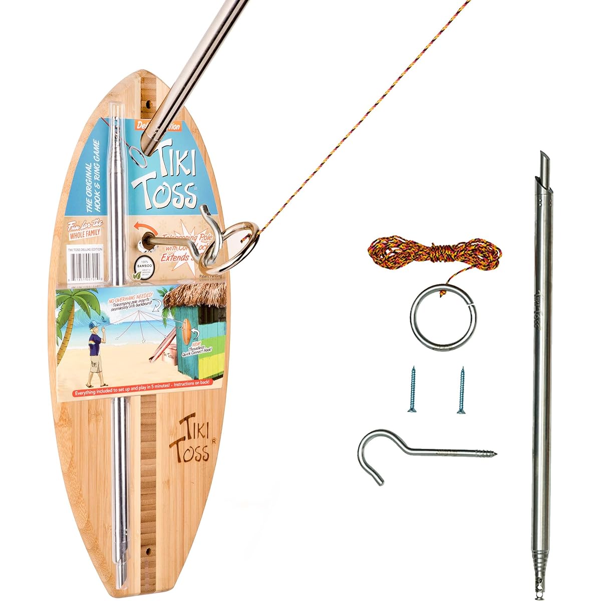 Tiki Toss Hook & Ring Toss Game Deluxe Set - 100% Bamboo 5 ft. pole and all parts included